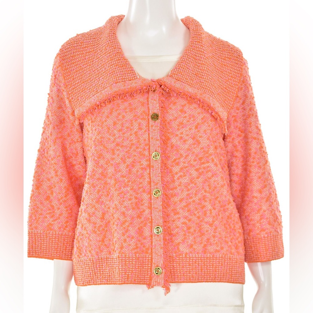 St. John Yellow Label Boucle Knit Cardigan in Orange/Blush Multi